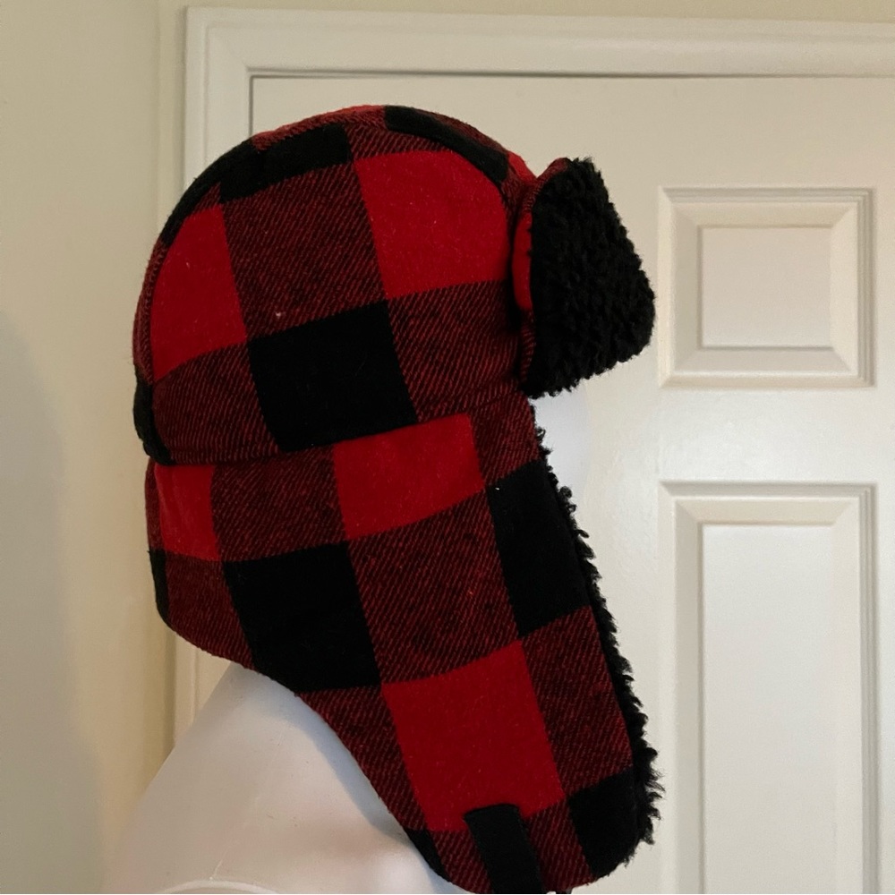 Unisex plaid red & black Sherpa Wool Cotton Blend Trapper Warm Hat- OS